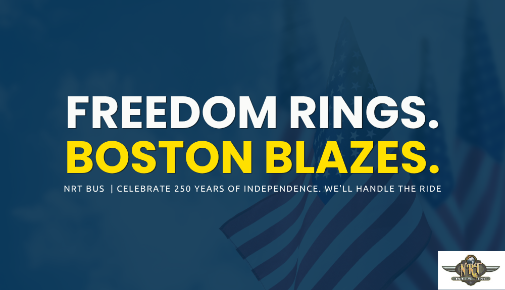 Charter bus transporting group to Boston July 4th and America 250 celebrations with fireworks over the city skyline