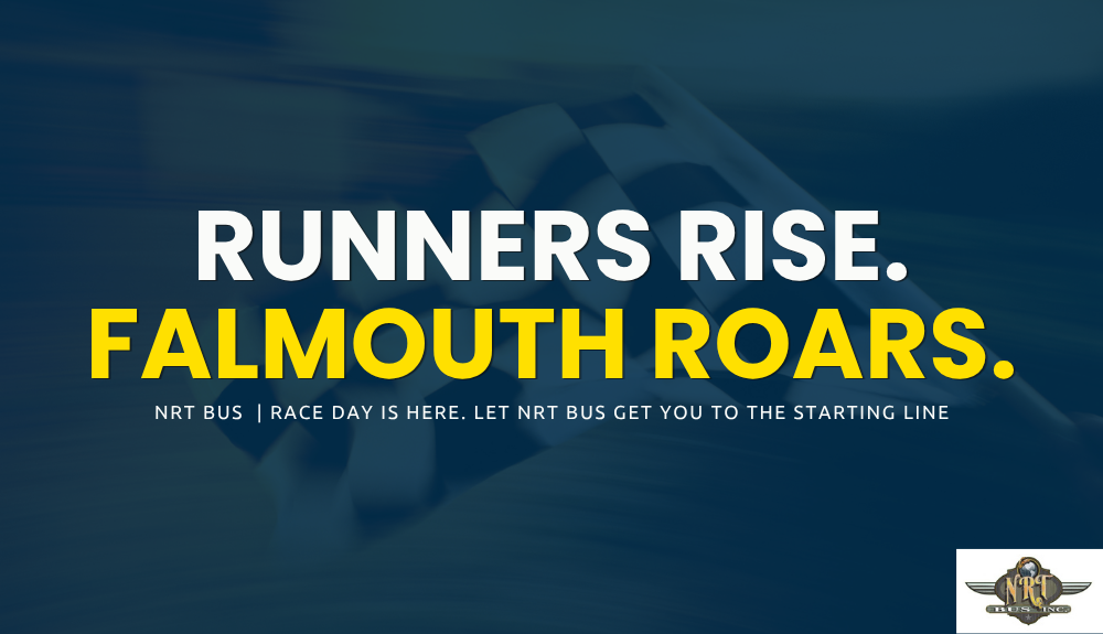 Charter bus transporting runners and spectators to Asics Falmouth Road Race 2026 on Cape Cod with group arriving together