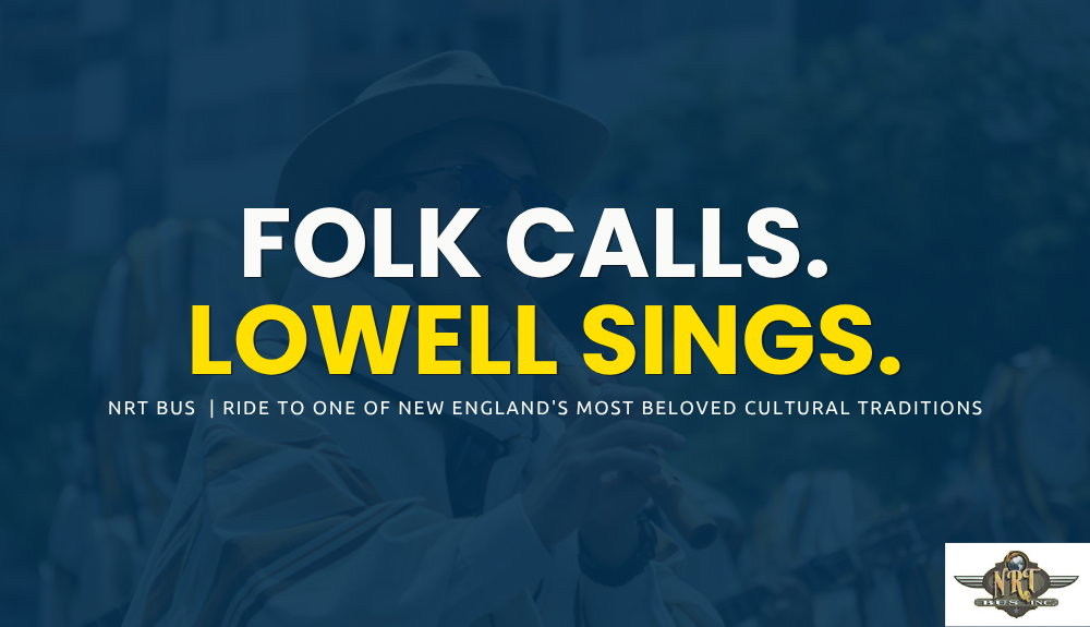 Charter bus arriving in downtown Lowell for Lowell Folk Festival 2026 with groups attending music and cultural events
