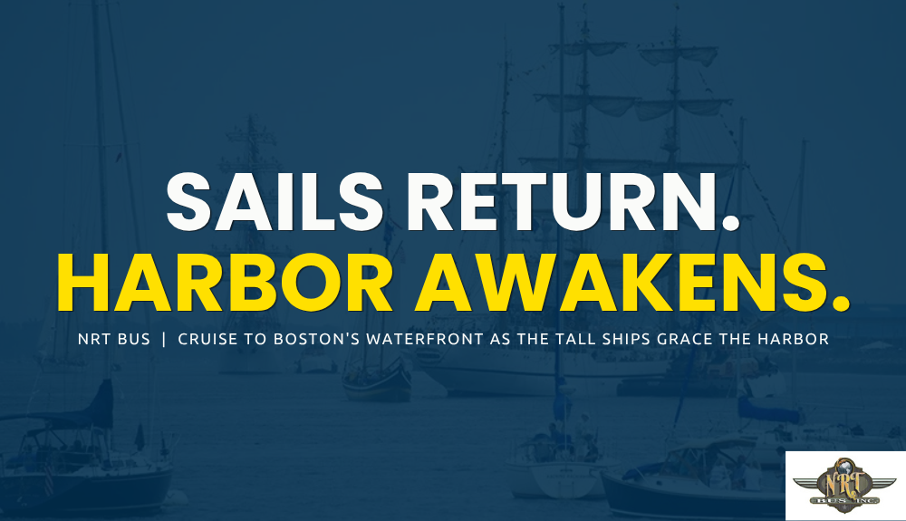 Group of visitors boarding a charter bus to attend Sail Boston Tall Ships 2026 at Boston Harbor with historic sailing ships in the background