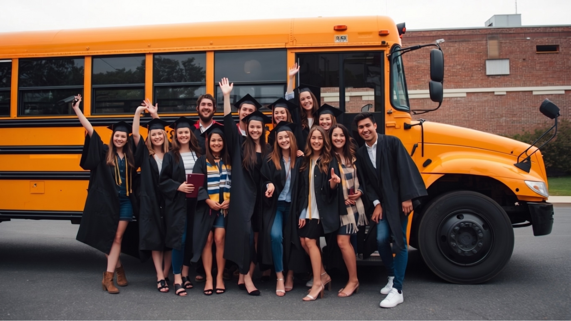 Graduation group boarding charter bus for ceremony transportation in Eastern Massachusetts and Southern New Hampshire