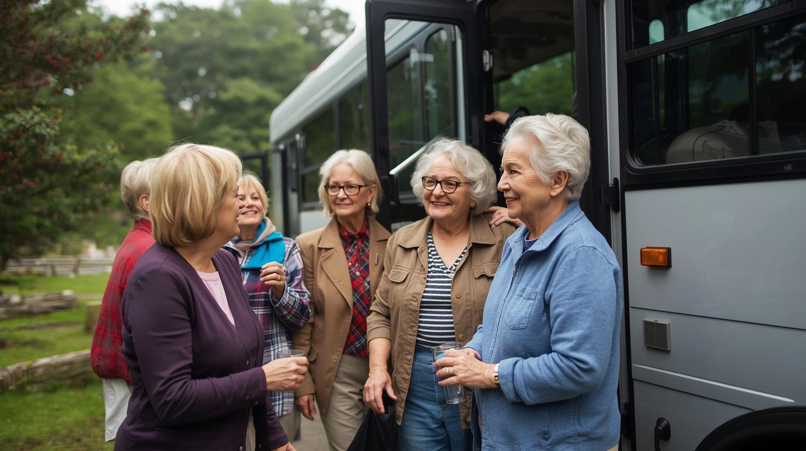 Senior group boarding comfortable charter bus for a day trip in Eastern Massachusetts