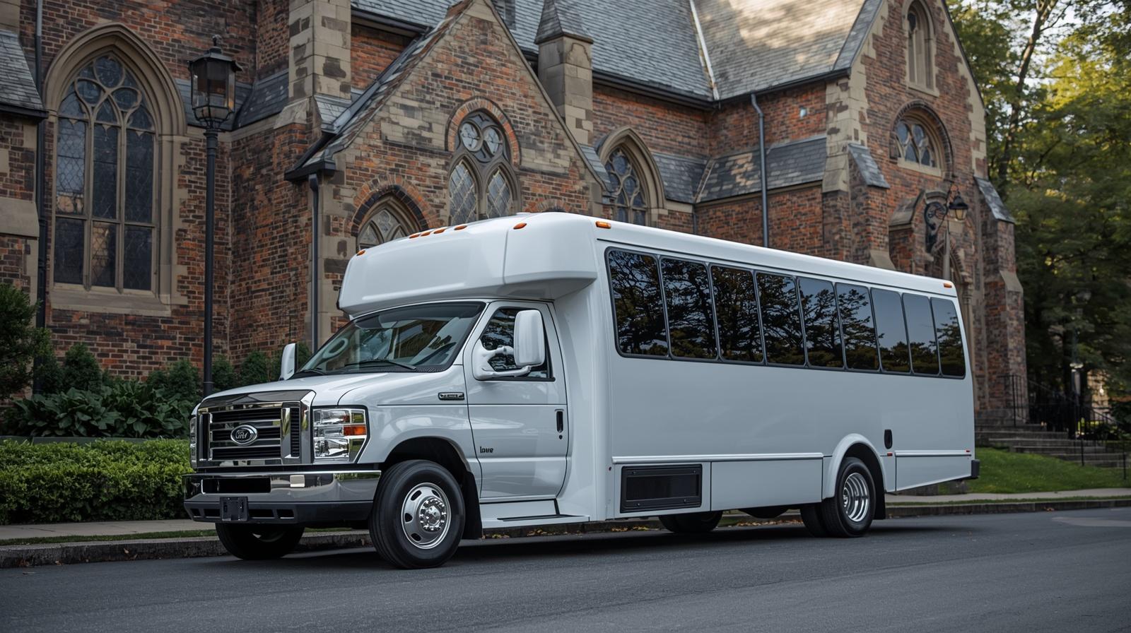 Wedding guests boarding charter bus for transportation between hotel ceremony and reception in Massachusetts